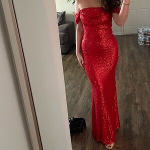 Elegant Red Sequin Off-Shoulder Dress